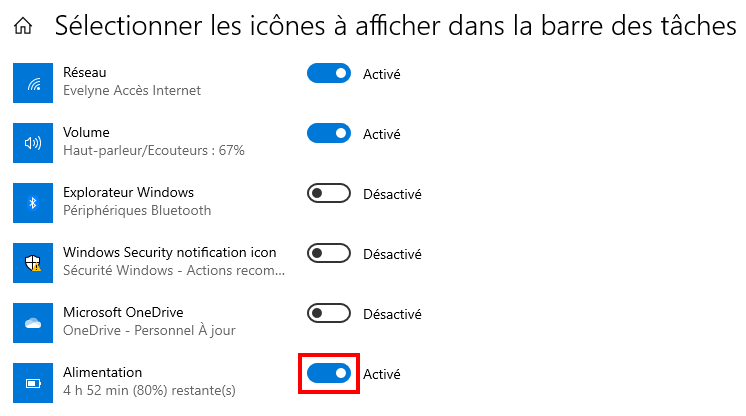 Afficher le pourcentage de batterie sur Windows 11 et 10 - Activer l'icône pour l'alimentation dans la barre des tâches