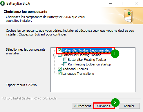 Afficher le pourcentage de batterie sur Windows 11 et 10 - Choisir l'option BatteryBar Toolbar