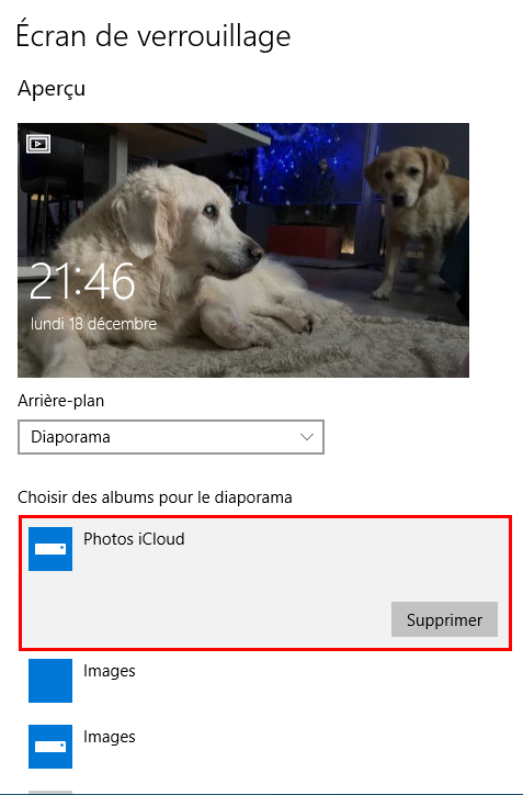 sélectionner album diaporama écran verrouillage windows 10