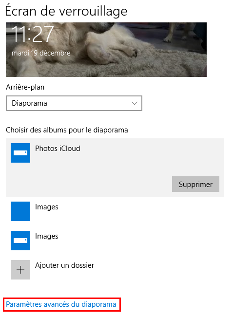 Accéder paramètres avancés du diaporama de l'écran de verrouillage windows 10
