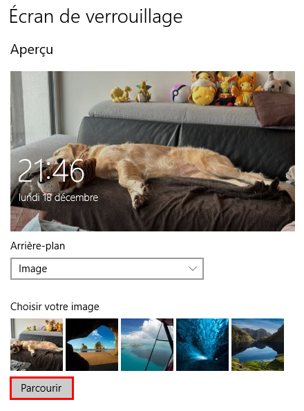 Parcourir pour modifier image sur l'écran de verrouillage Windows 10ows à la une l'écran de verrouillage Windows 10