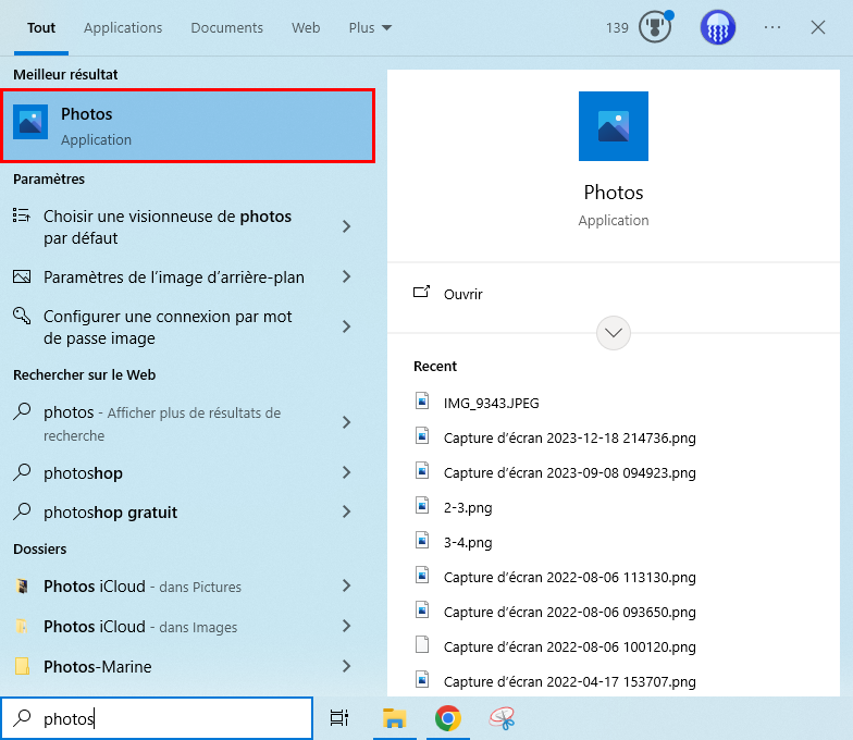 Recherche app Photos Windows 10