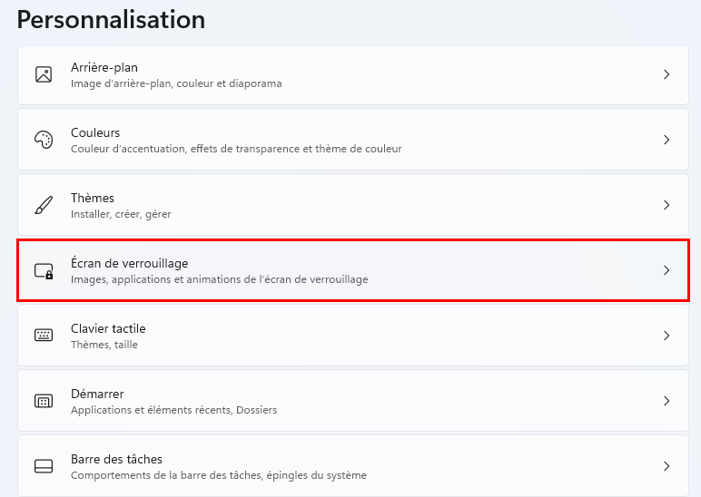 Paramètres de l'écran de verrouillage Windows 11