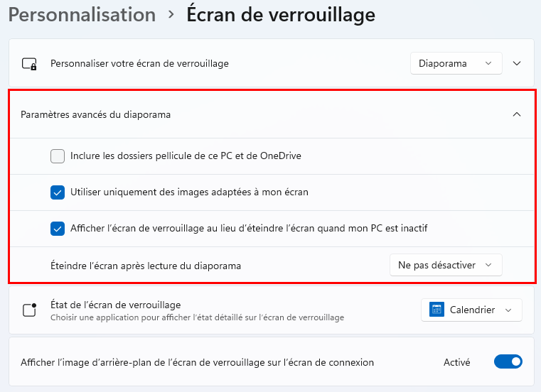 Paramètres avancés du diaporama pour l'écran de verrouillage de Windows 11