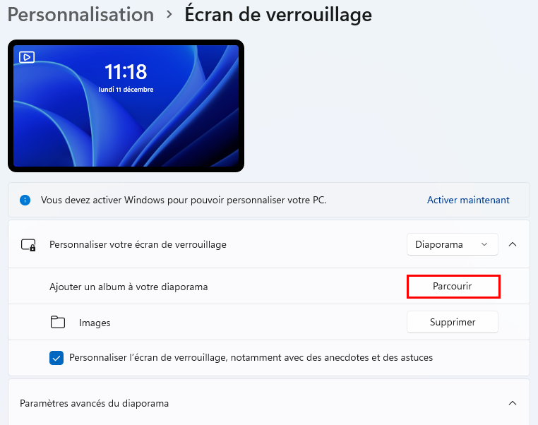 Parcourir les dossier pour modifier l'image de l'écran de verrouillage sur Windows 11