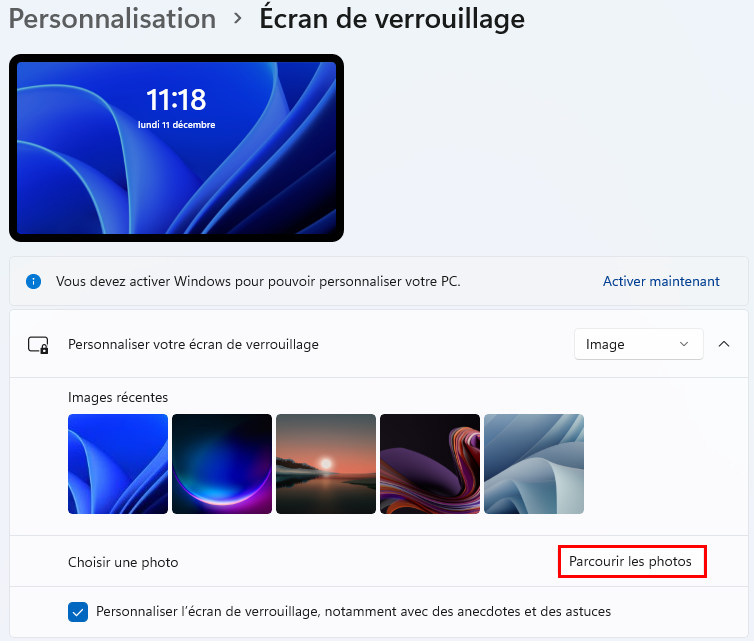 Parcourir les photos pour modifier l'image de l'écran de verrouillage sur Windows 11