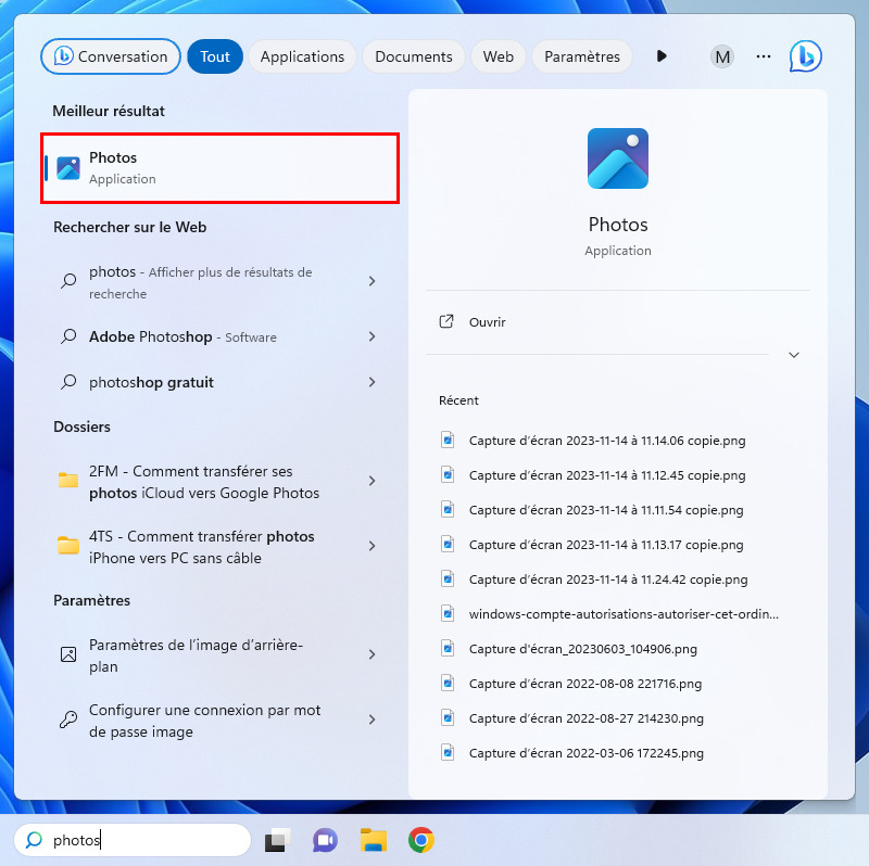 Recherche Windows : app Photos