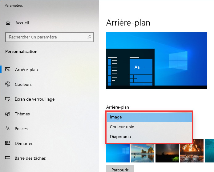 Trois types d'arrière-plans sur Windows 10