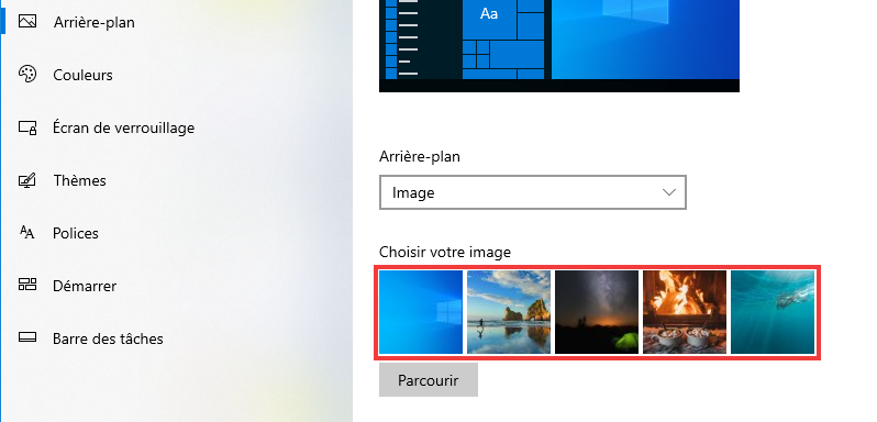 Plusieurs images proposées par Windows 10 pour l'arrière-plan