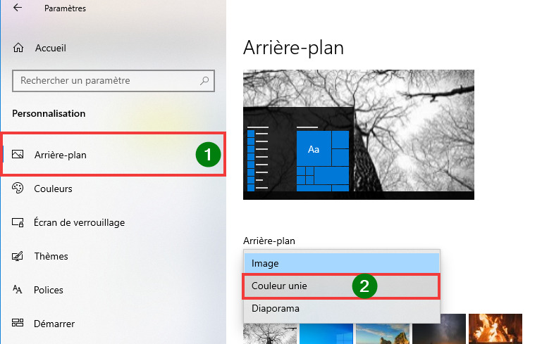 Opter pour Couleur unie (fond d'écran)