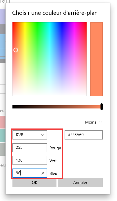 Préciser code couleur RVB ou HTML