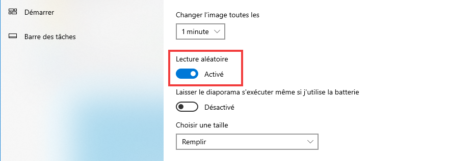 Lecture aléatoire du diaporama fond d'écran Windows 10