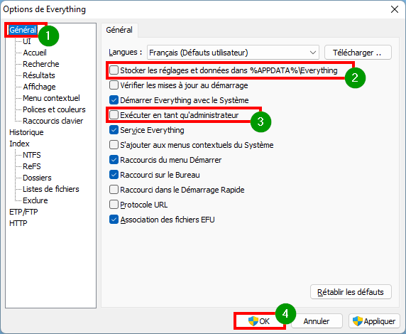 Everything - Changer les options d'installation du logiciel