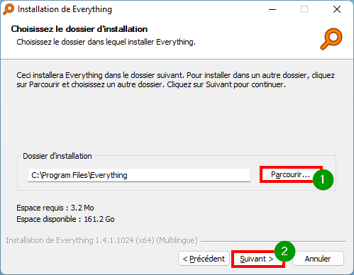 Everything - Choisir l'emplacement du dossier d'installation du logiciel