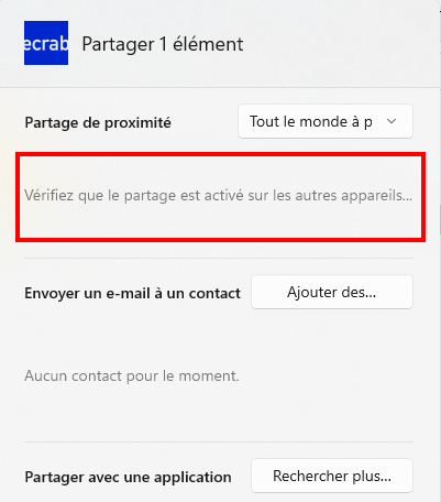 Partage de proximité - Rechercher l'ordinateur pour envoyer ses données