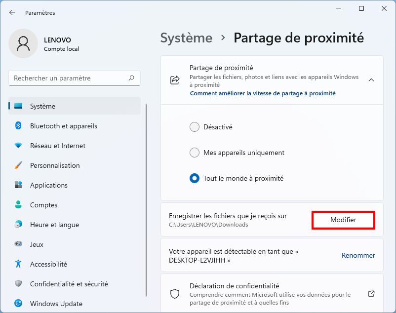 Partage de proximité - Modifier l'emplacement des fichiers reçus