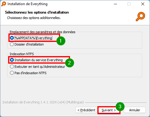 Everything - Choisir les options d'installation du logiciel
