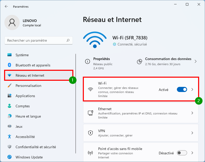 Partage de proximité - Accéder aux paramètres du réseau