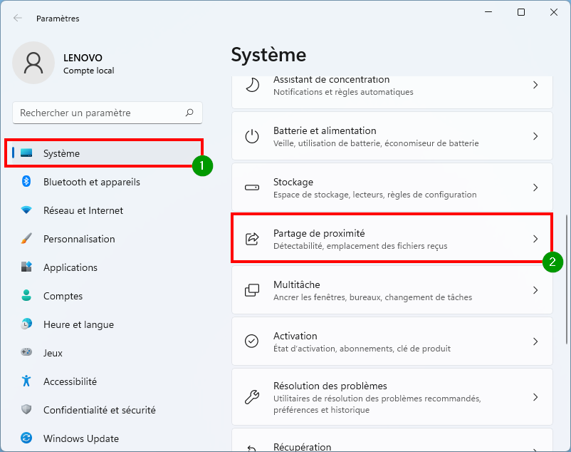 Partage de proximité - Activer le partage de proximité sur Windows 11