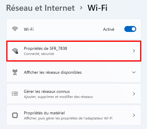 Partage de proximité - Accéder aux propriétés du Wi-Fi