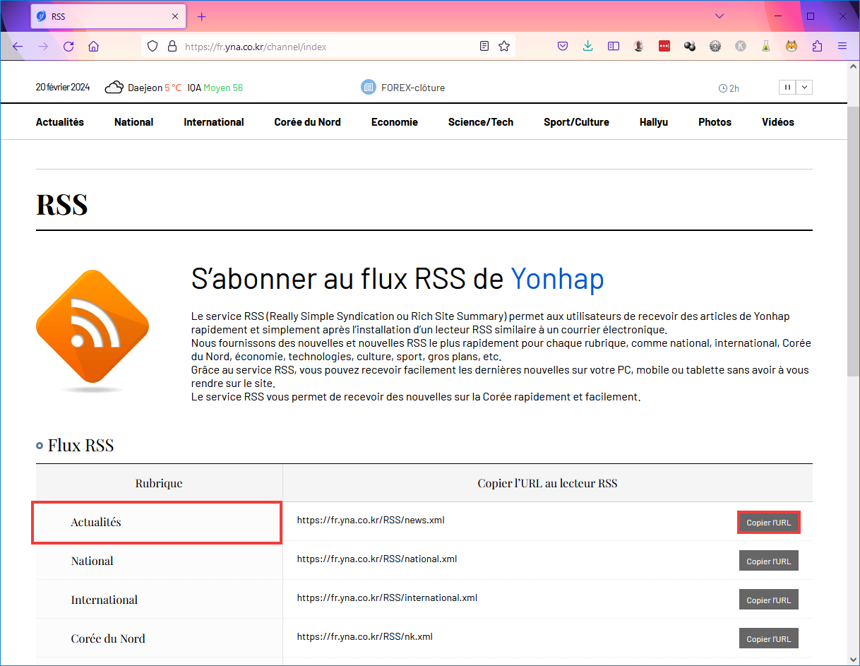 Ajouter flux RSS Outlook Choisir flux RSS et copier l'URL