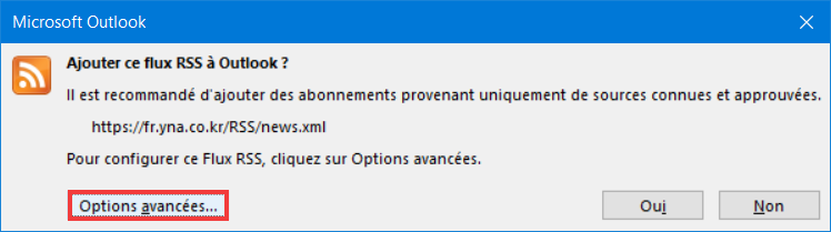 Ajouter flux RSS Outlook Options avancées