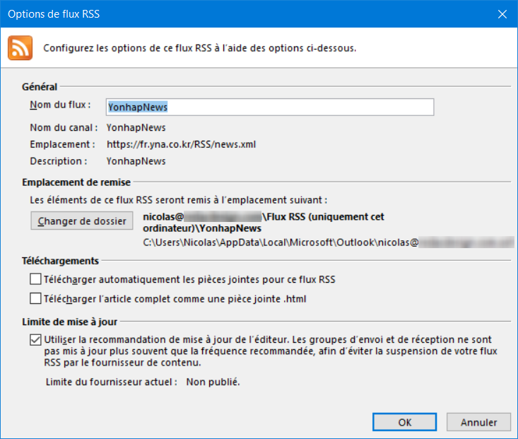 Ajouter flux RSS Outlook Choisir les options avancées