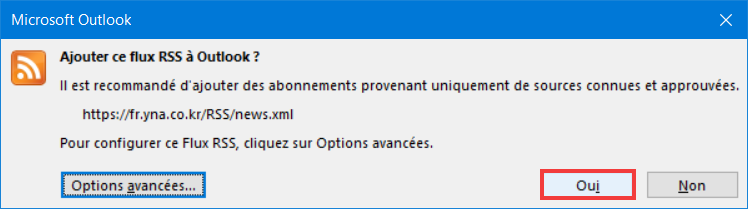 Ajouter flux RSS Outlook Valider ajout