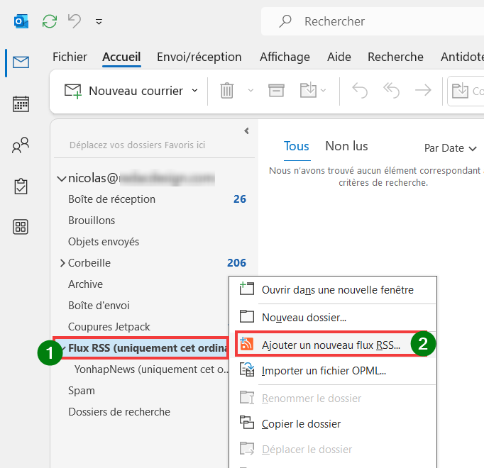 Ajouter nouveau flux RSS Outlook