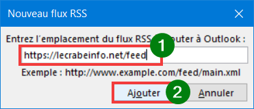 Ajouter flux RSS Outlook URL + /feed