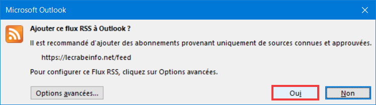 Ajouter flux RSS Outlook valider ajout