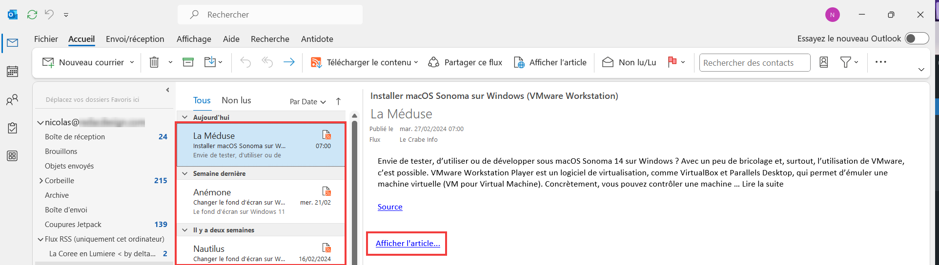 Ajouter flux RSS Outlook exemple avec Le Crabe Info