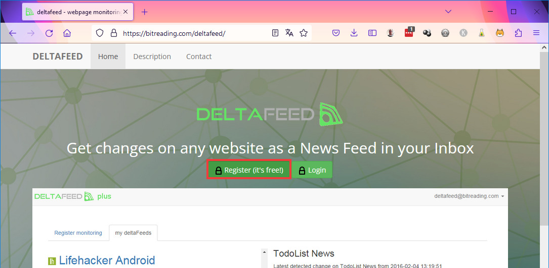 Ajouter flux RSS Outlook DeltaFeed cliquer sur Register