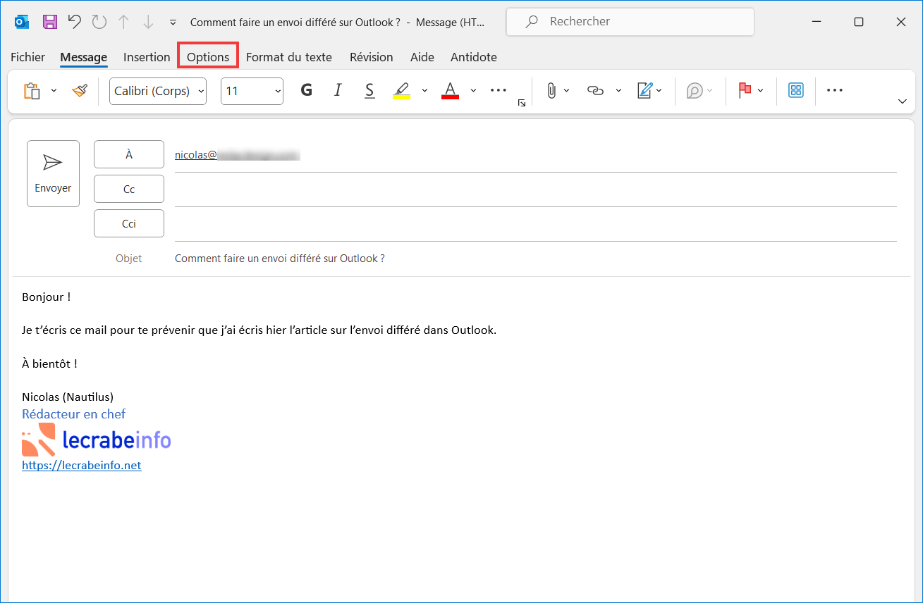 Envoi différé Outlook 365 Options