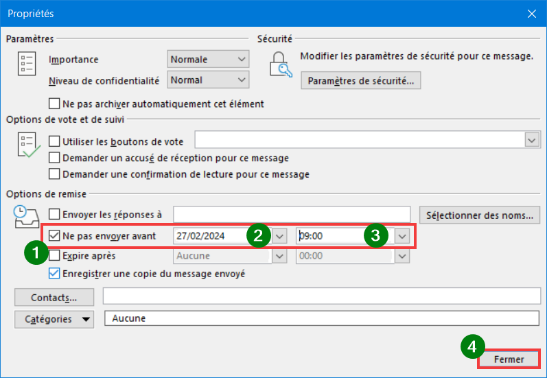 Envoi différé Outlook 365 Cocher Ne pas envoyer avant et choisir date et heure