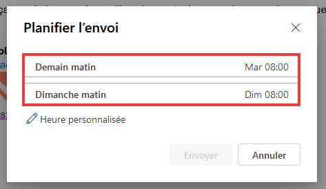Envoi différé Outlook Web Planifier l'envoi selon propositions
