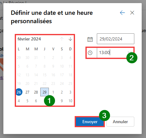 Envoi différé Outlook Web Définir date et heure et valider