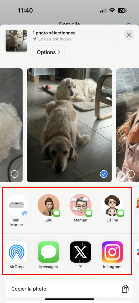 Choisir un destinataire lors de partage d'une photo sur iPhone