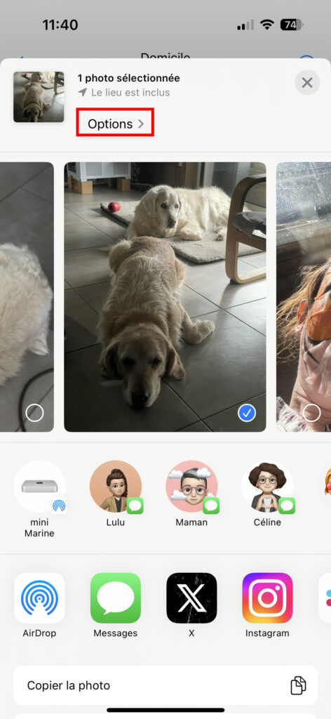 Accéder aux Options lors de partage d'une photo sur iPhone
