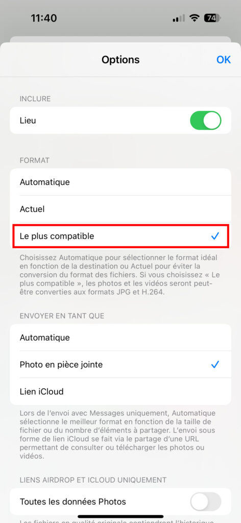 Choisir le format compatible lors de partage d'une photo sur iPhone