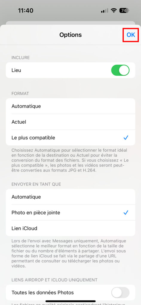 Validez le choix du format compatible lors de partage d'une photo sur iPhone