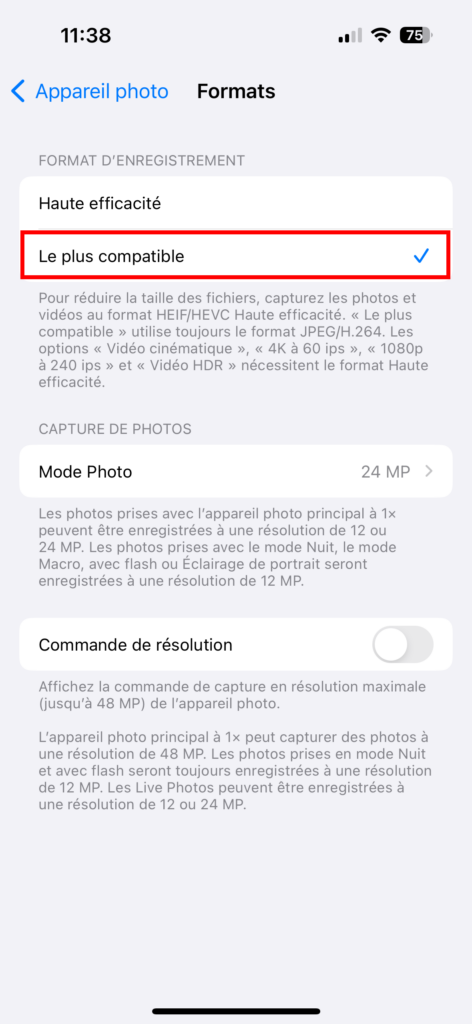 sur l'iPhone Réglages > Appareil photo > Formats choix