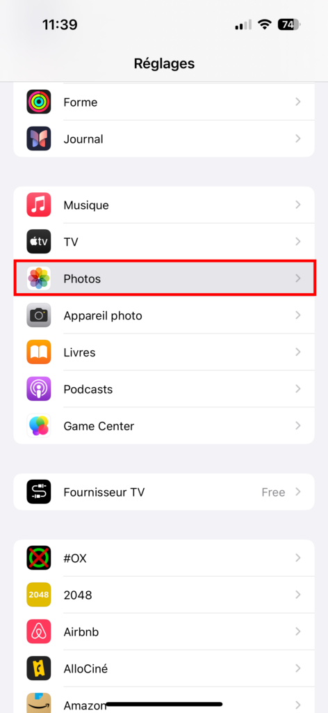 sur l'iPhone Réglages > Photos