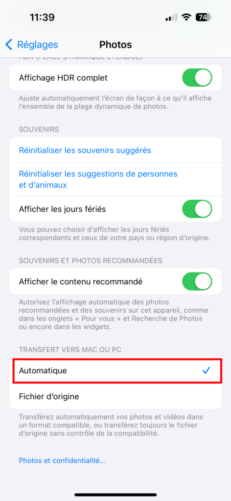 Choisir le format automatique pour le transfert vers PC/Mac