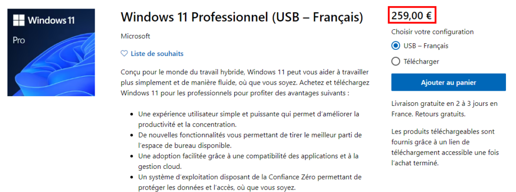 Payer l'édition Windows 11 Pro