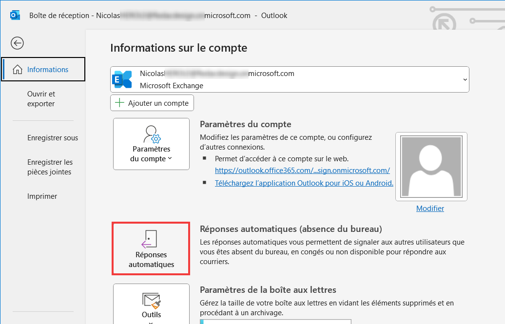 Outlook 365 message d'absence - Réponses automatiques