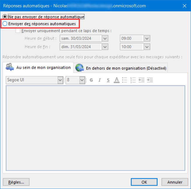 Outlook 365 message d'absence - Envoyer des réponses automatiques