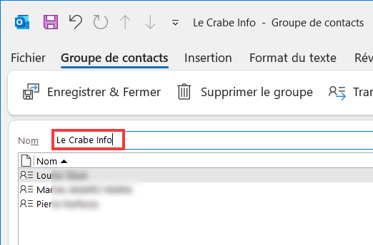 Outlook 365 - Nommer le groupe de contacts