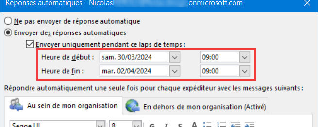 Outlook 365 message d'absence - Définir période d'absence