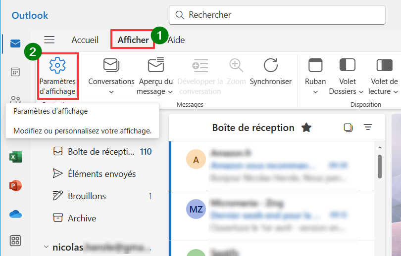 Outlook pour Windows message absence - Ouvrir Afficher puis Paramètres d'affichage